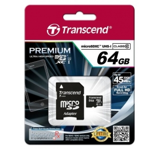 64GB MicroSDHC + SD Adapter, (Class 10) UHS-I, 300X, Transcend "TS64GUSDU1" Premium