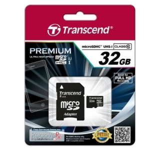 32GB MicroSDHC + SD Adapter, (Class 10) UHS-I, 300X, Transcend "TS32GUSDU1" Premium (R/W:90/25MB/s)