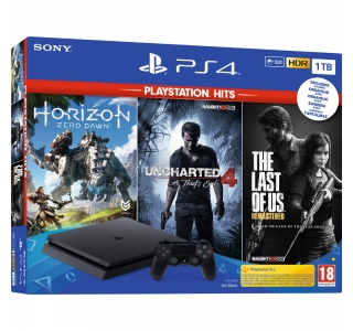 Sony PS4 Slim (PlayStation 4), 1TB, Negru + Horizon: Zero Dawn + Uncharted 4: A Thief`s End + The